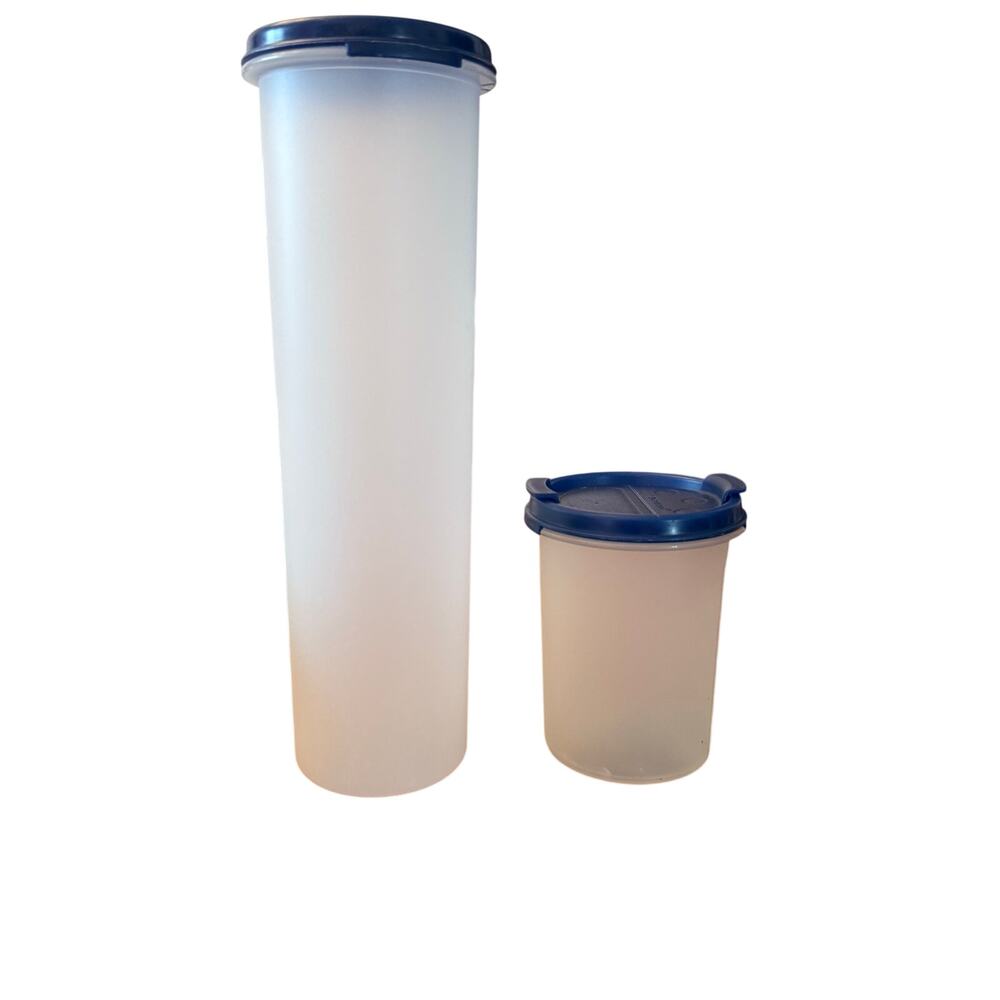 Vintage Tupperware Pasta and Parmesan cheese containers.  Both with Blue lids.